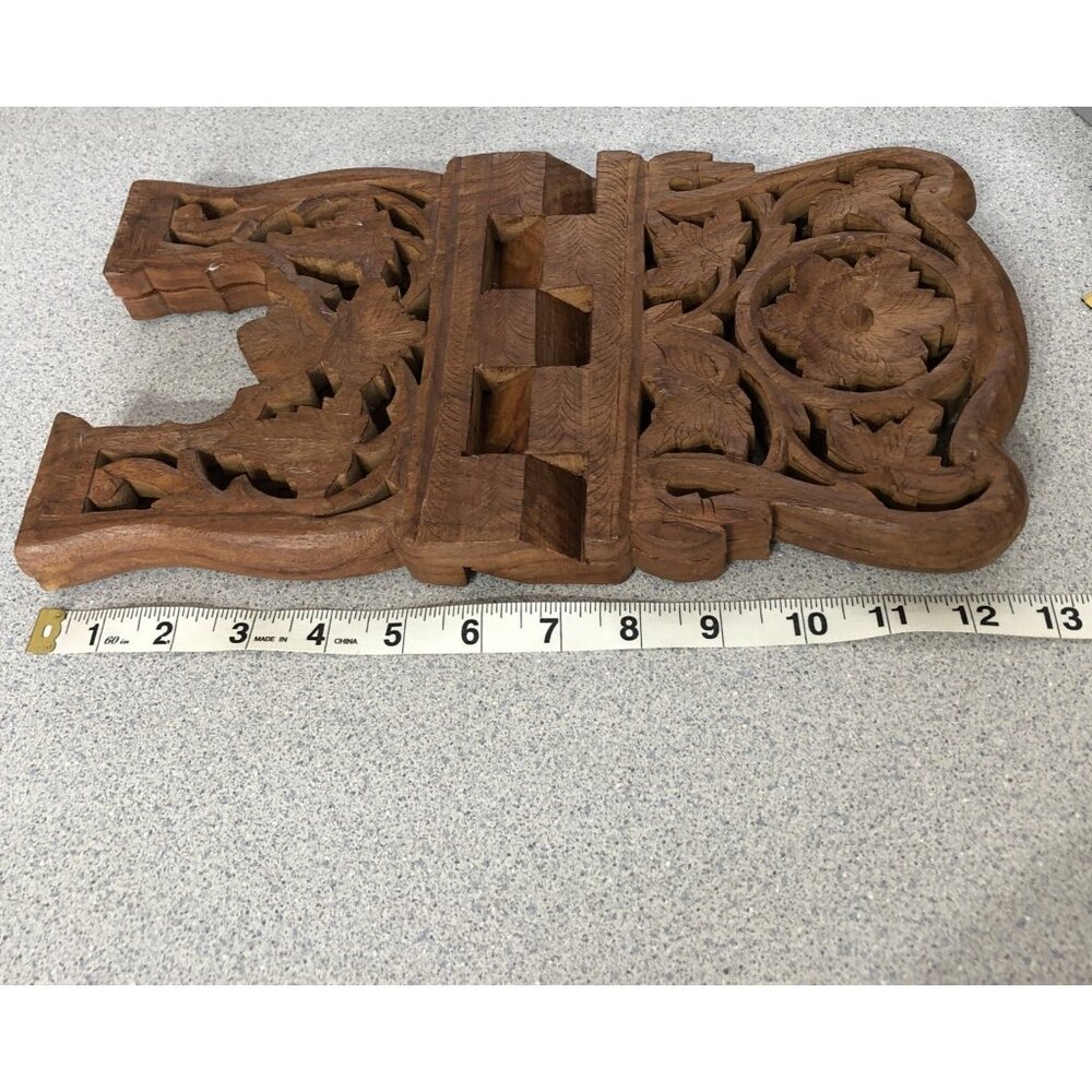 Vintage Teak Wood Book Holder Kitchen Stand Hand Carved Floral Leaf Design Foldi - Picture 7 of 9
